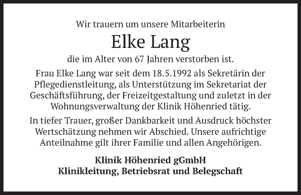  Traueranzeige für Elke Lang vom 10.01.2026 aus merkurtz