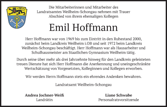 Traueranzeige von Emil Hoffmann von merkurtz