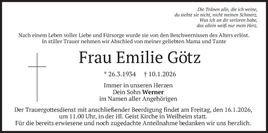 Traueranzeige von Emilie Götz von merkurtz