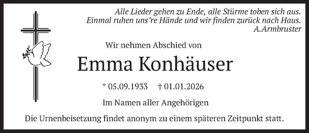 Traueranzeige für Emma Konhäuser vom 10.01.2026 aus merkurtz