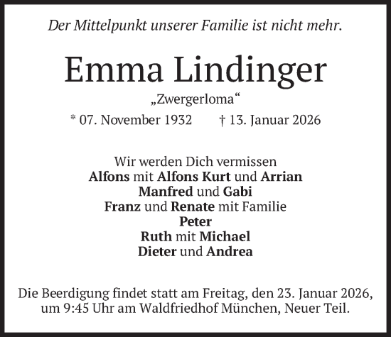 Traueranzeige von Emma Lindinger von merkurtz