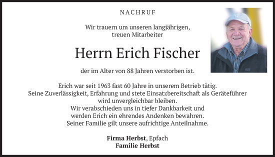 Traueranzeige von Erich Fischer von merkurtz