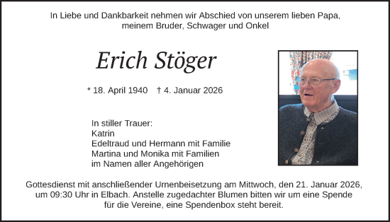 Traueranzeige von Erich Stöger von merkurtz