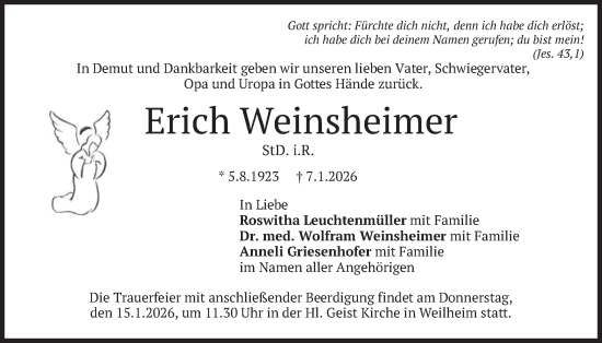 Traueranzeige von Erich Weinsheimer von merkurtz