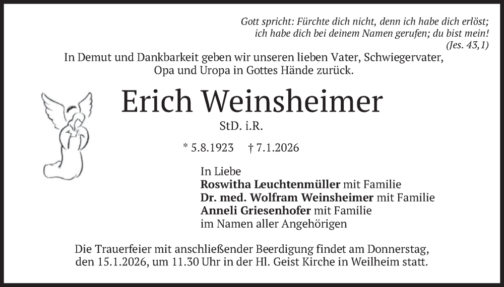  Traueranzeige für Erich Weinsheimer vom 10.01.2026 aus merkurtz