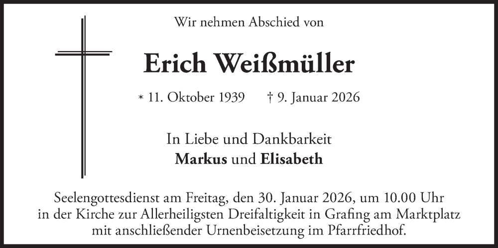  Traueranzeige für Erich Weißmüller vom 24.01.2026 aus merkurtz