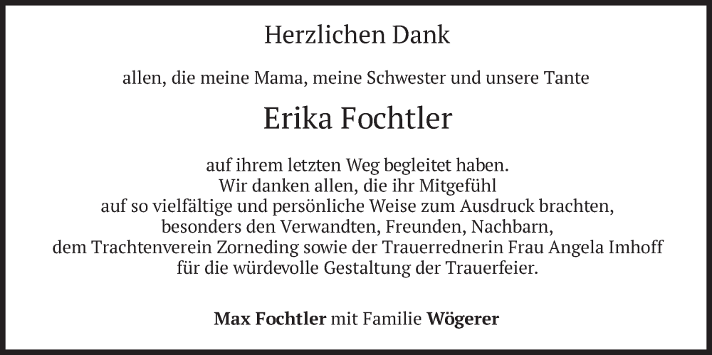  Traueranzeige für Erika Fochtler vom 03.01.2026 aus merkurtz