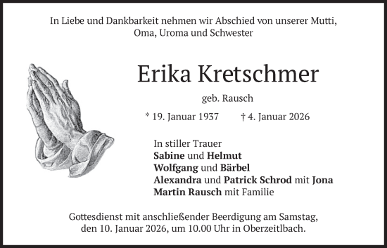 Traueranzeige von Erika Kretschmer von merkurtz