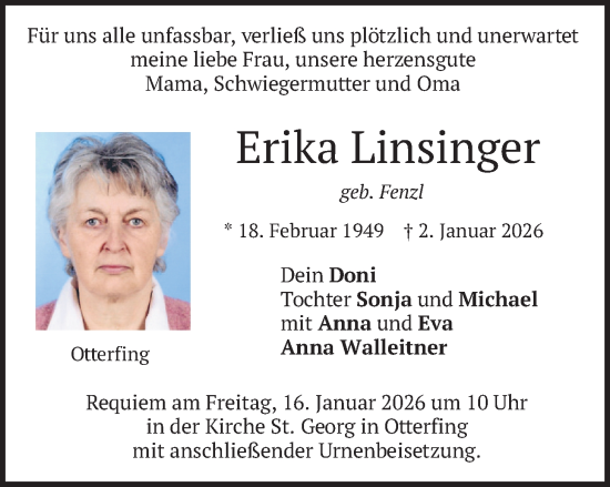 Traueranzeige von Erika Linsinger von merkurtz