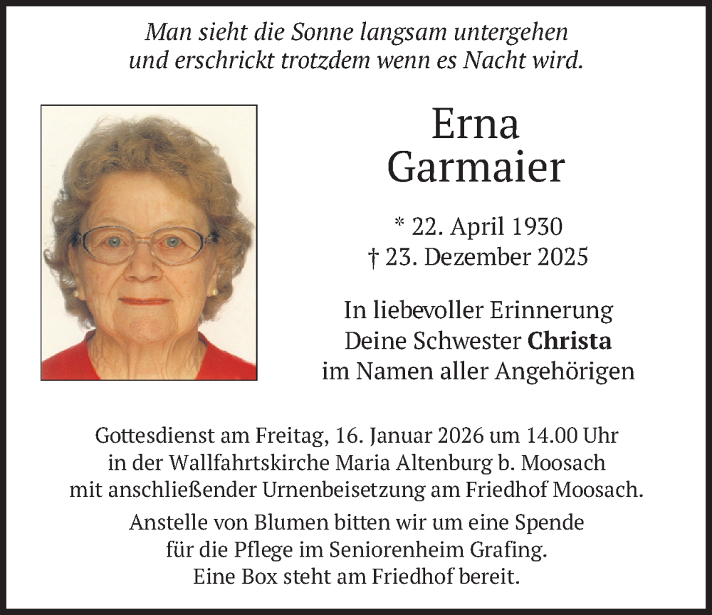  Traueranzeige für Erna Garmaier vom 10.01.2026 aus merkurtz