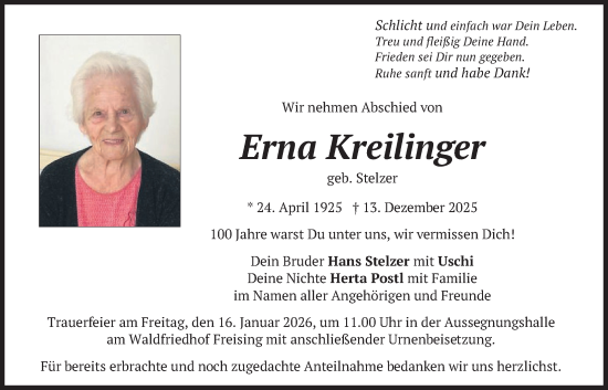 Traueranzeige von Erna Kreilinger von merkurtz