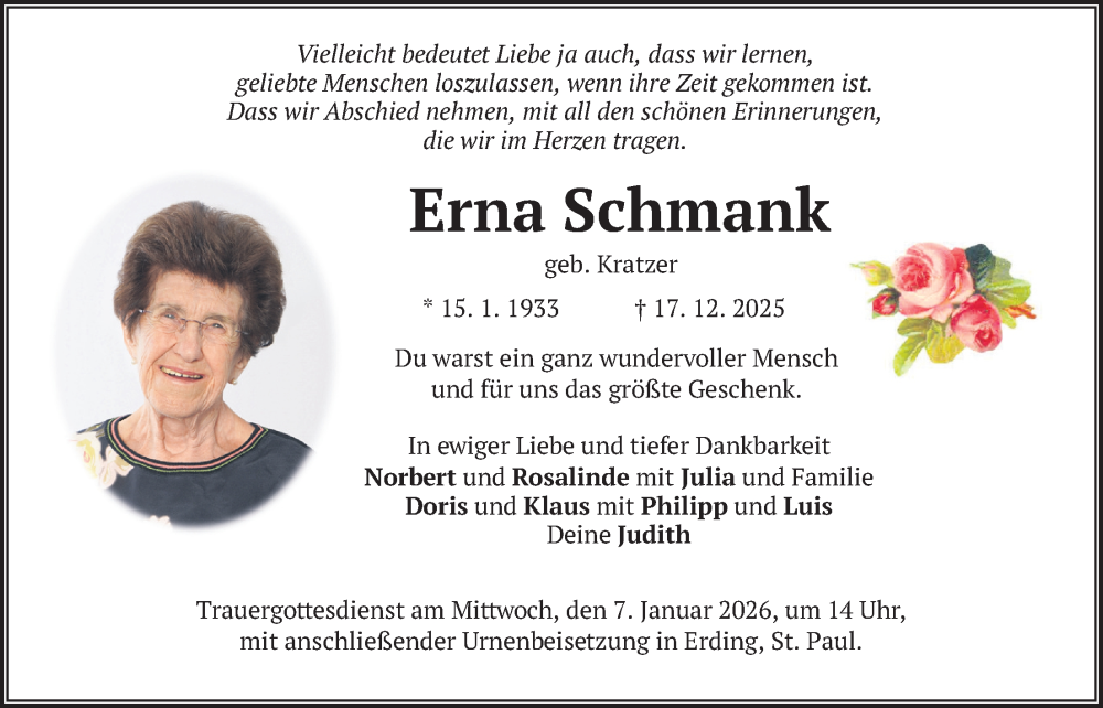  Traueranzeige für Erna Schmank vom 03.01.2026 aus merkurtz