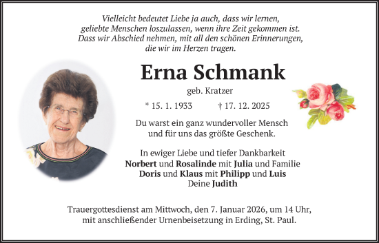 Traueranzeige von Erna Schmank von merkurtz
