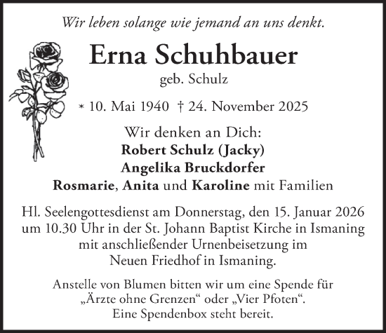Traueranzeige von Erna Schuhbauer von merkurtz