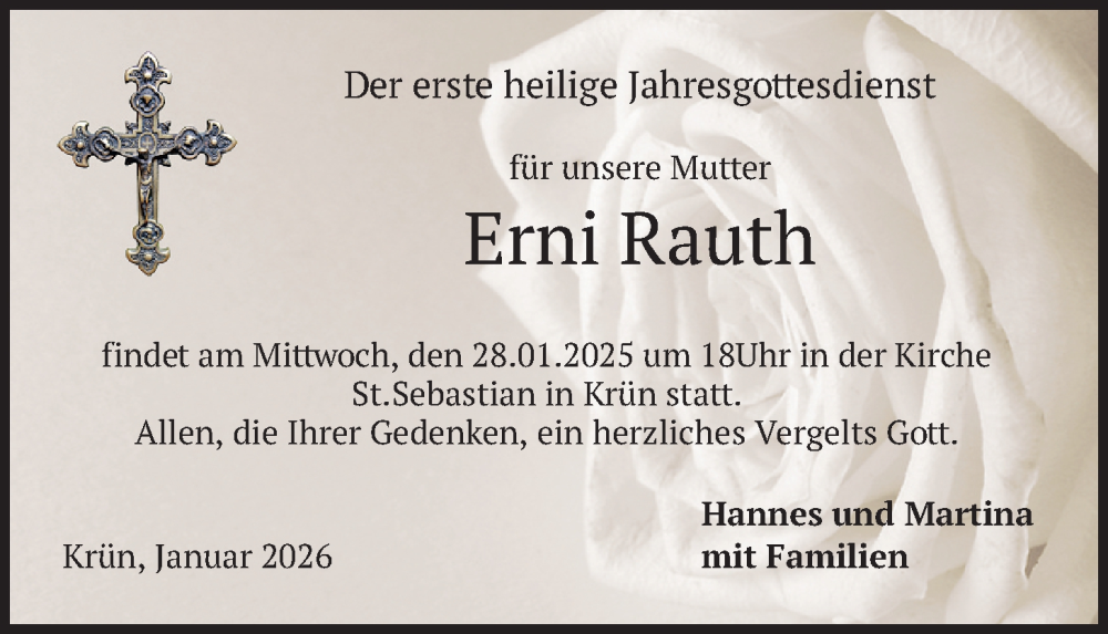  Traueranzeige für Erni Rauth vom 24.01.2026 aus merkurtz