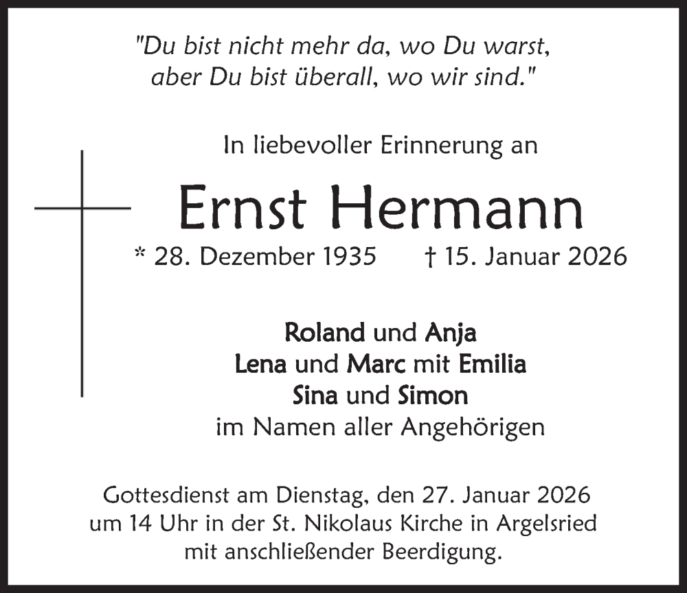  Traueranzeige für Ernst Hermann vom 24.01.2026 aus merkurtz