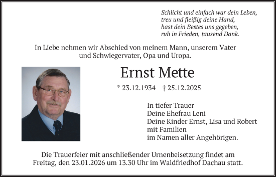 Traueranzeige von Ernst Mette von merkurtz
