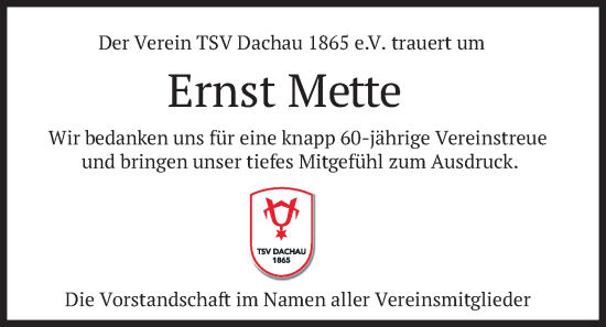 Traueranzeige von Ernst Mette von merkurtz