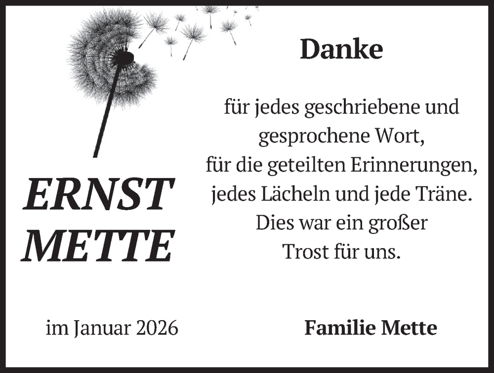  Traueranzeige für Ernst Mette vom 31.01.2026 aus merkurtz