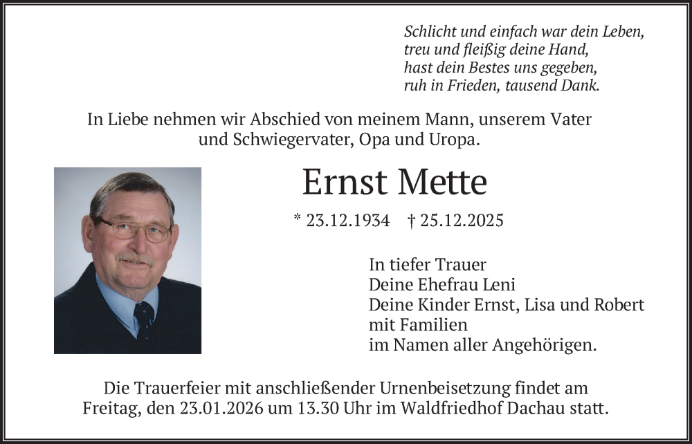  Traueranzeige für Ernst Mette vom 17.01.2026 aus merkurtz