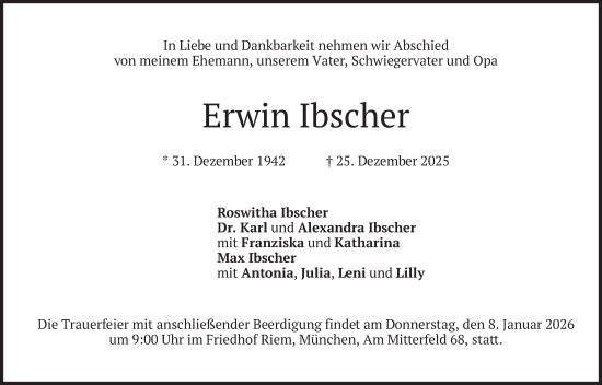Traueranzeige von Erwin Ibscher von merkurtz