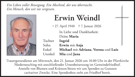 Traueranzeige von Erwin Weindl von merkurtz
