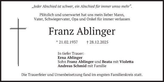 Traueranzeige von Franz Ablinger von merkurtz