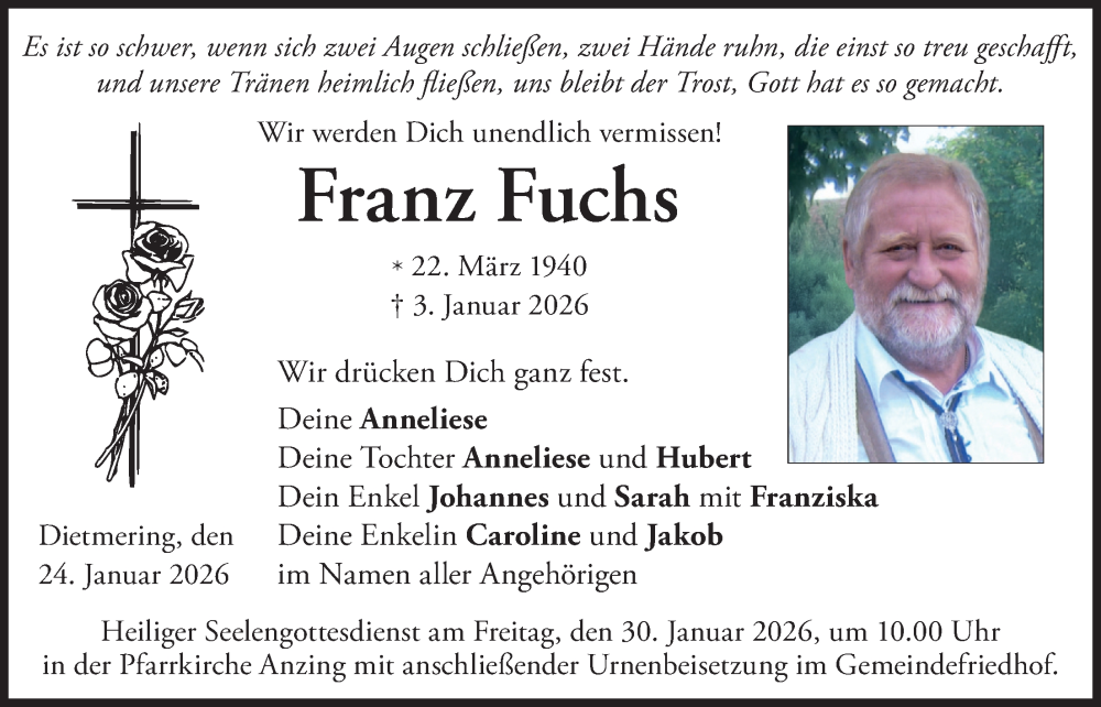  Traueranzeige für Franz Fuchs vom 24.01.2026 aus merkurtz