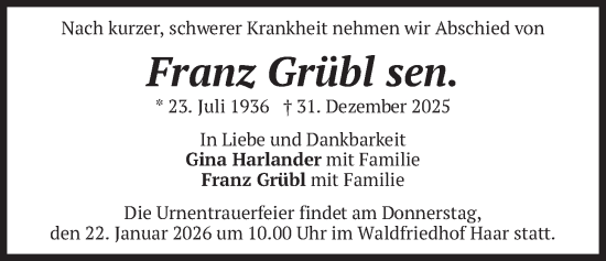Traueranzeige von Franz Grübl von merkurtz