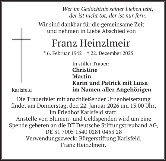 Traueranzeige von Franz Heinzlmeir von merkurtz