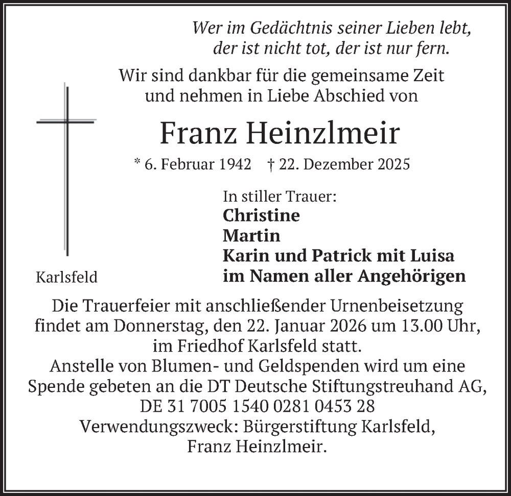 Traueranzeige für Franz Heinzlmeir vom 17.01.2026 aus merkurtz