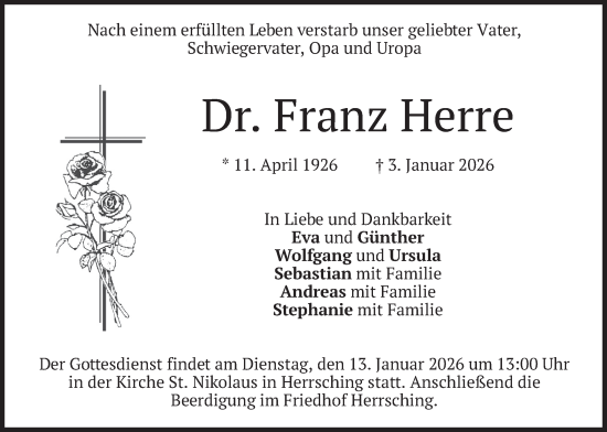 Traueranzeige von Franz Herre von merkurtz
