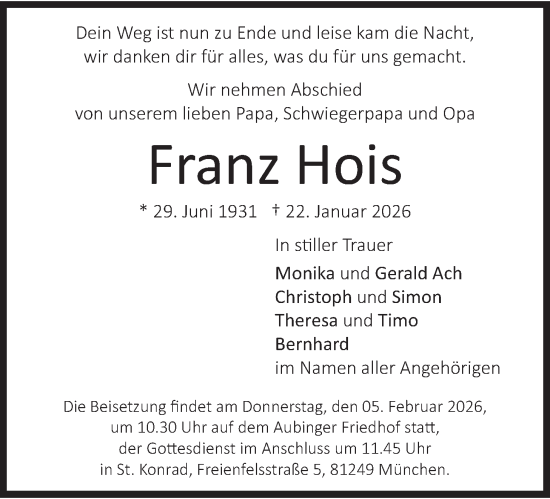 Traueranzeige von Franz Hois von merkurtz