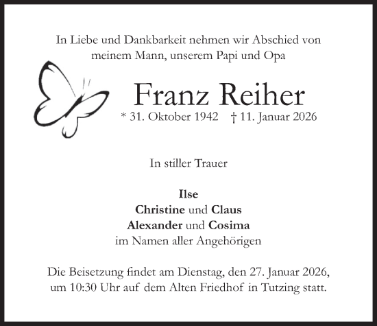 Traueranzeige von Franz Reiher von merkurtz