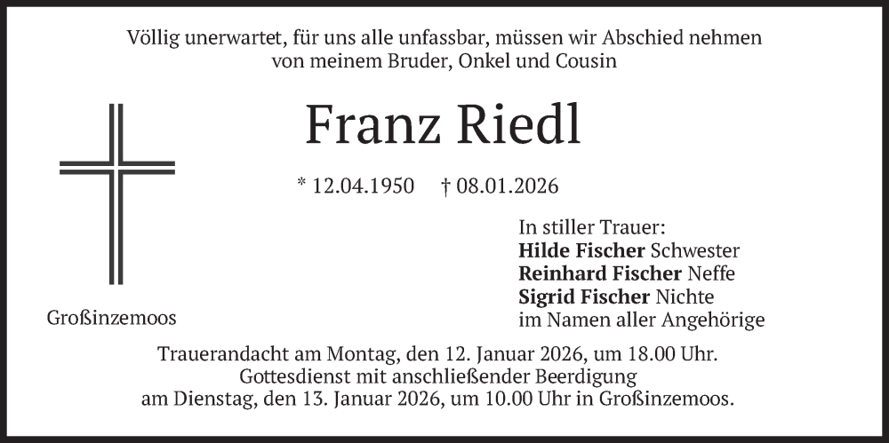  Traueranzeige für Franz Riedl vom 10.01.2026 aus merkurtz