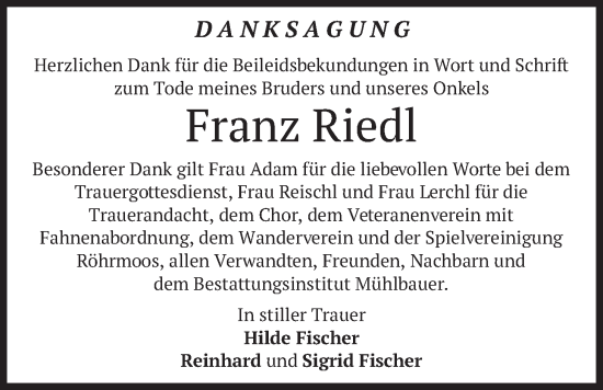 Traueranzeige von Franz Riedl von merkurtz