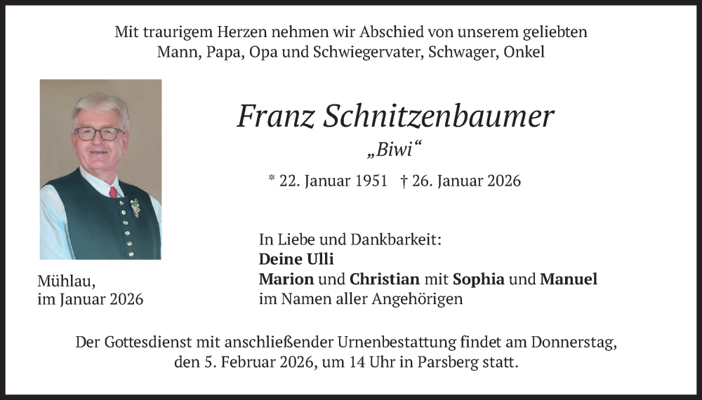  Traueranzeige für Franz Schnitzenbaumer vom 31.01.2026 aus merkurtz