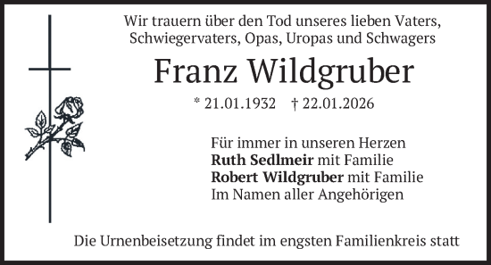 Traueranzeige von Franz Wildgruber von merkurtz