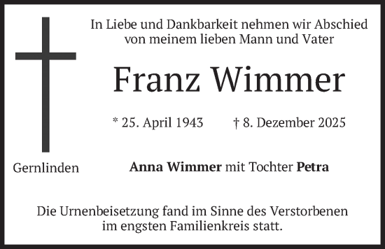 Traueranzeige von Franz Wimmer von merkurtz