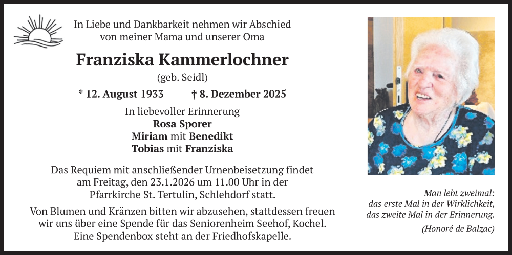  Traueranzeige für Franziska Kammerlochner vom 17.01.2026 aus merkurtz