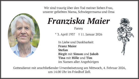 Traueranzeige von Franziska Maier von merkurtz