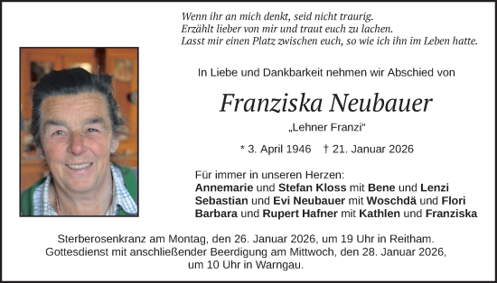 Traueranzeige von Franziska Neubauer von merkurtz