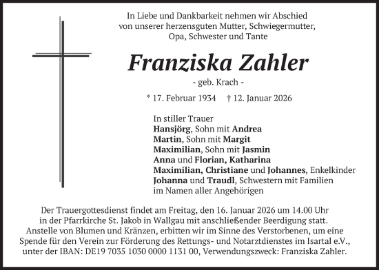 Traueranzeige von Franziska Zahler von merkurtz