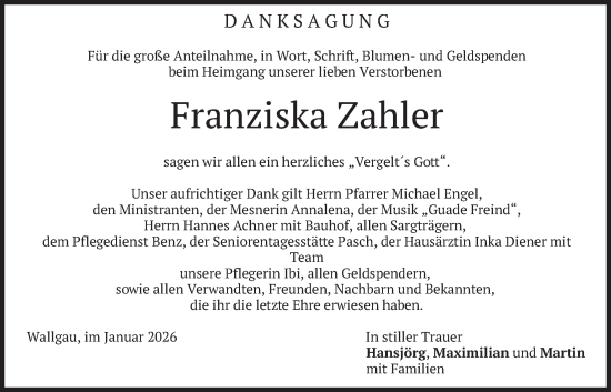 Traueranzeige von Franziska Zahler von merkurtz