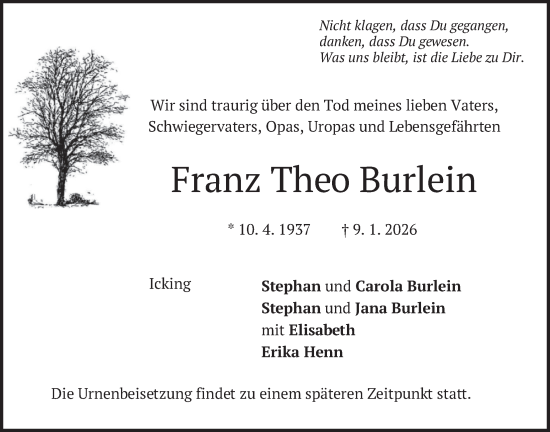 Traueranzeige von Franz Theo Burlein von merkurtz