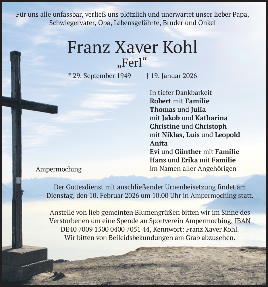  Traueranzeige für Franz Xaver Kohl vom 31.01.2026 aus merkurtz