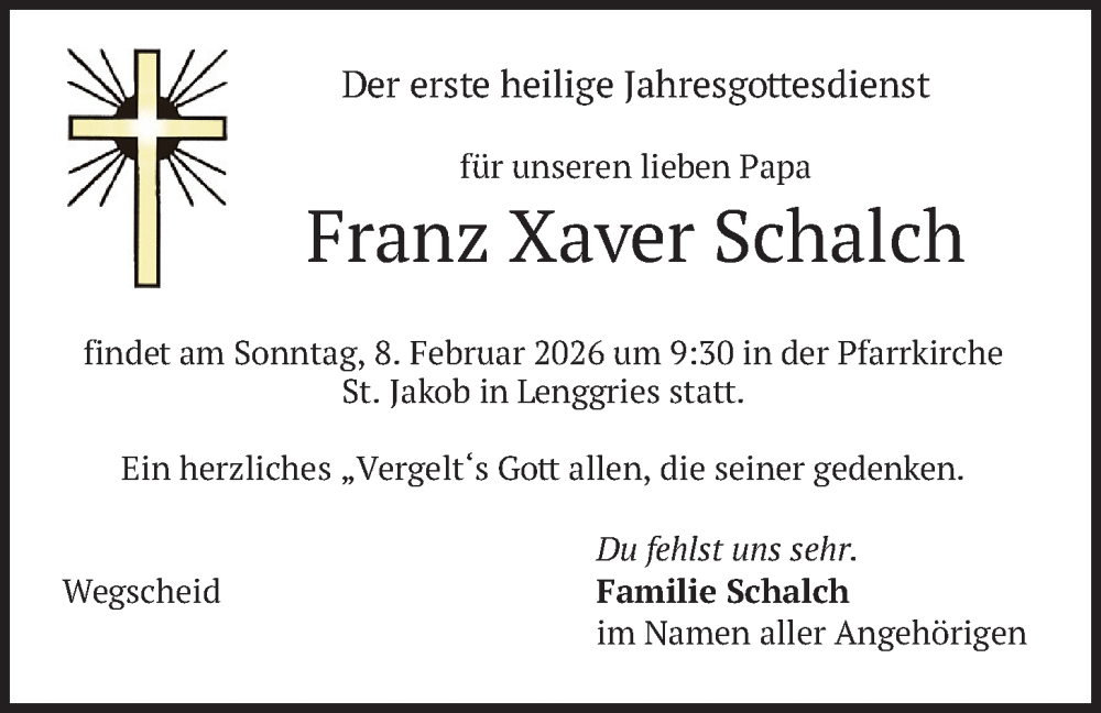  Traueranzeige für Franz Xaver Schalch vom 31.01.2026 aus merkurtz