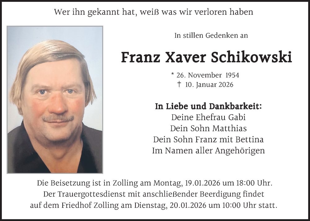 Traueranzeige für Franz Xaver Schikowski vom 17.01.2026 aus merkurtz