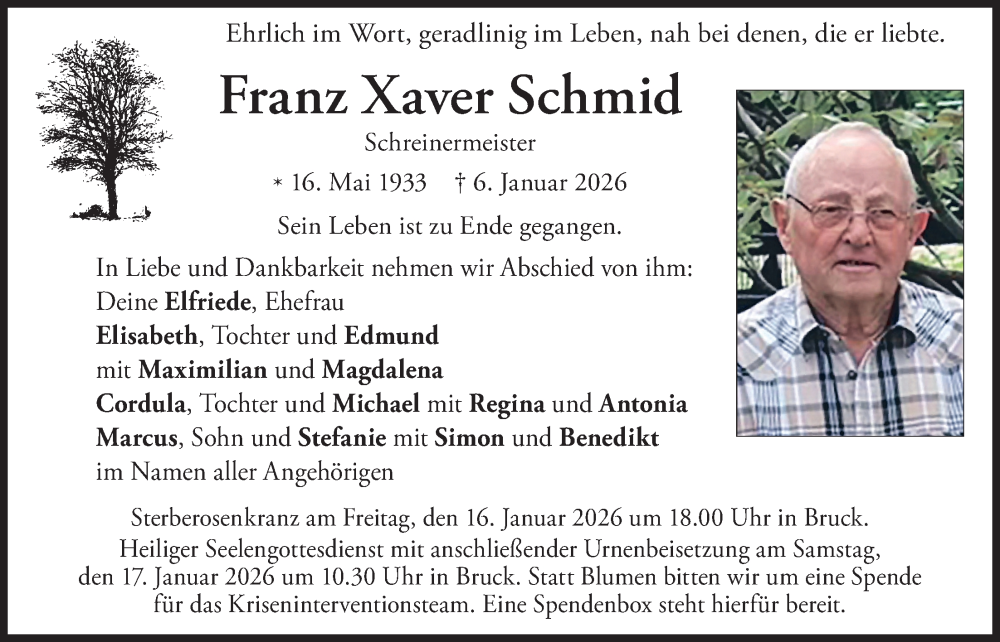  Traueranzeige für Franz Xaver Schmid vom 10.01.2026 aus merkurtz