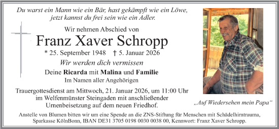 Traueranzeige von Franz Xaver Schropp von merkurtz